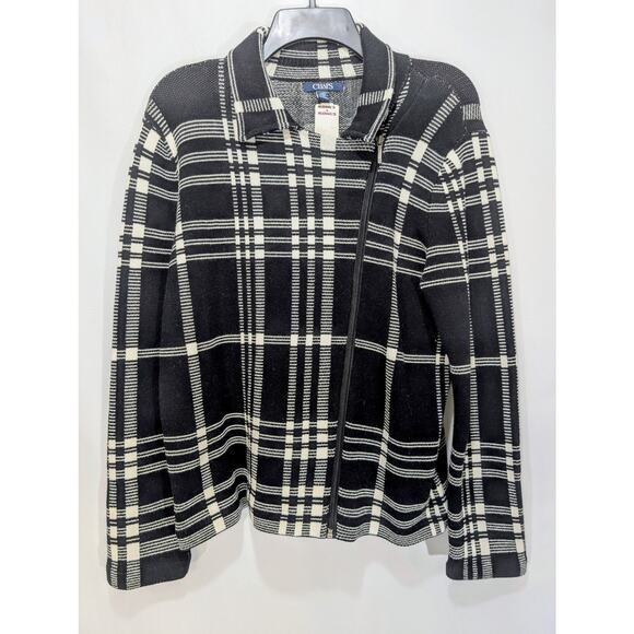 Chaps Black White Plaid Heavy Knit Zip Cardigan Jacket NWT Size Large - Picture 1 of 8